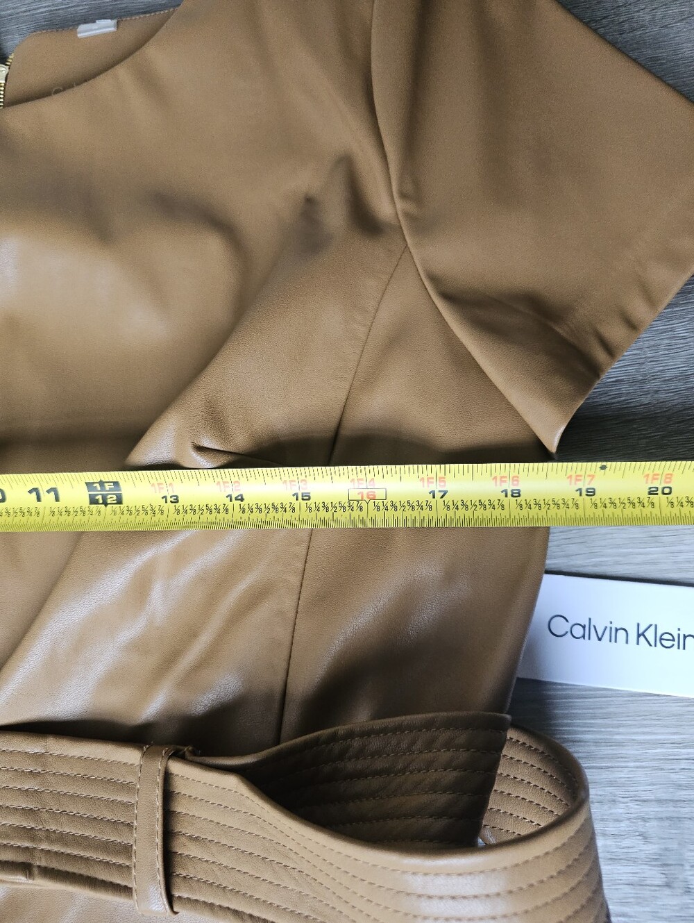 Calvin Klein Faux Leather Belted Sheath Dress NWT Luggage Brown - Picture 5 of 16
